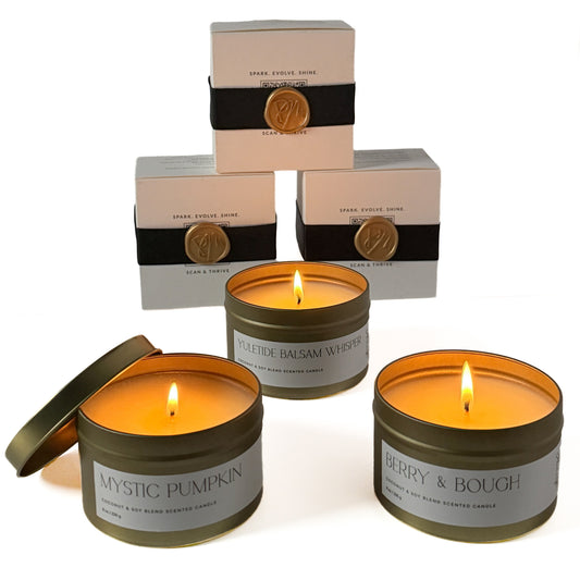 Pivotal Moments Seasonal Favorites Gift Set, three 8 oz candles with black bow and wax seal
