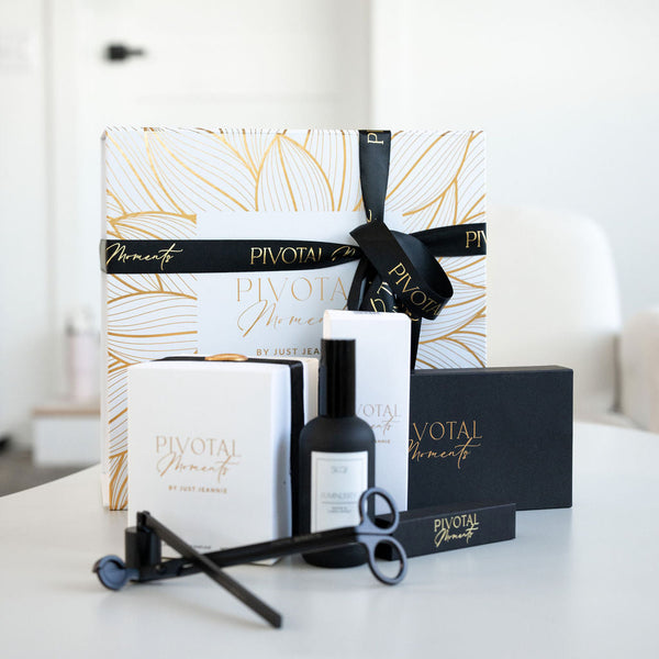 Pivotal Moment gift set with packaging and items on a white surface