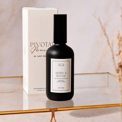 Black bottle with white label on a reflective surface, next to a white box with 'Pivotal' branding.