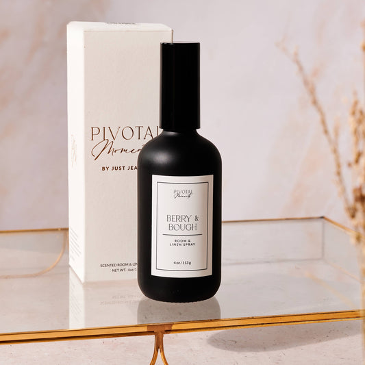 Black bottle with white label on a reflective surface, next to a white box with 'Pivotal' branding.