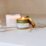 Scented candle with a lit wick on a surface, with 'Pivot' and 'Soulscape' products in the background.