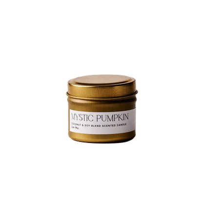Candle jar labeled 'Mystic Pumpkin' on a white background