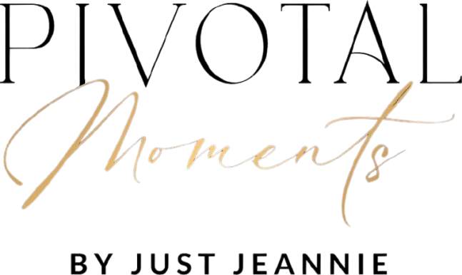 Logo for 'Pivotal Moments by Just Jeannie' with gold and black text on a white background
